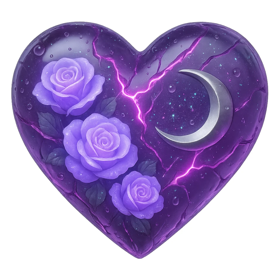 Create a gothic heart made of light purple glass with a silver crescent moon, glowing lavender roses, holographic stardust, neon pink lightning, drenched and splintered glass. The style should emulate the 3D emoji style with a transparent background. Please note the 3D emoji style does not support editing, so use the general style to capture the look and details. sticker
