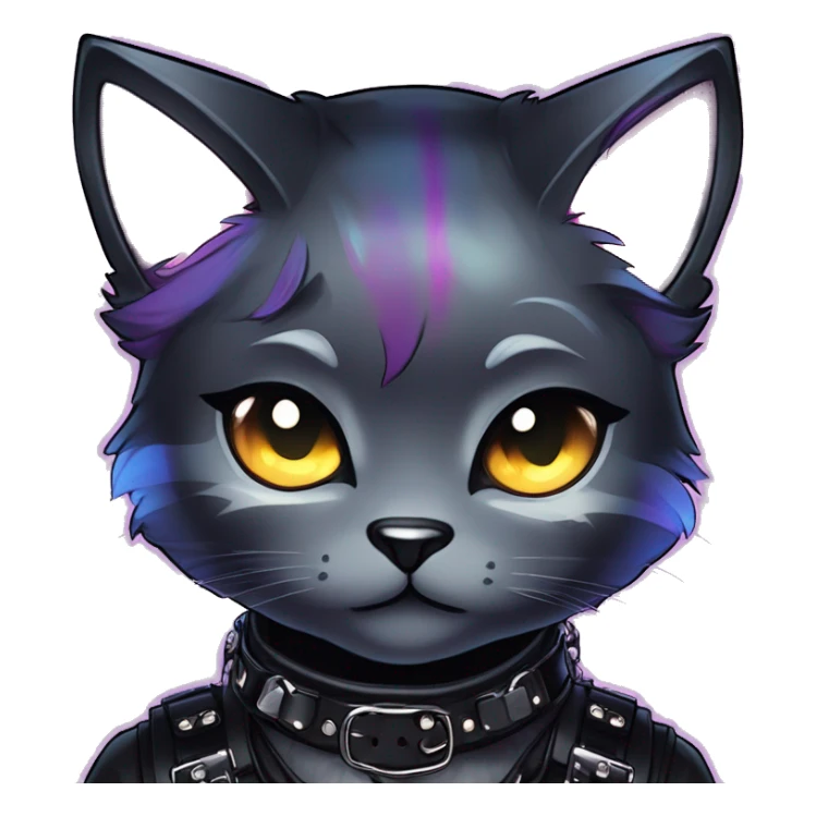 Gorgeous sparkly shiny colorful gradient gothic dark techwear anime style anthro cat with blushing face aesthetic and pretty edgy black with collar and harness trending style sticker