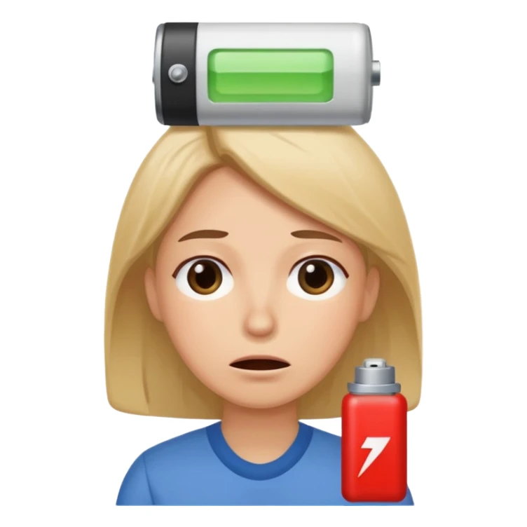 A kindergardenteacher with an empty battery icon above their head an exhausted and stressed face sticker