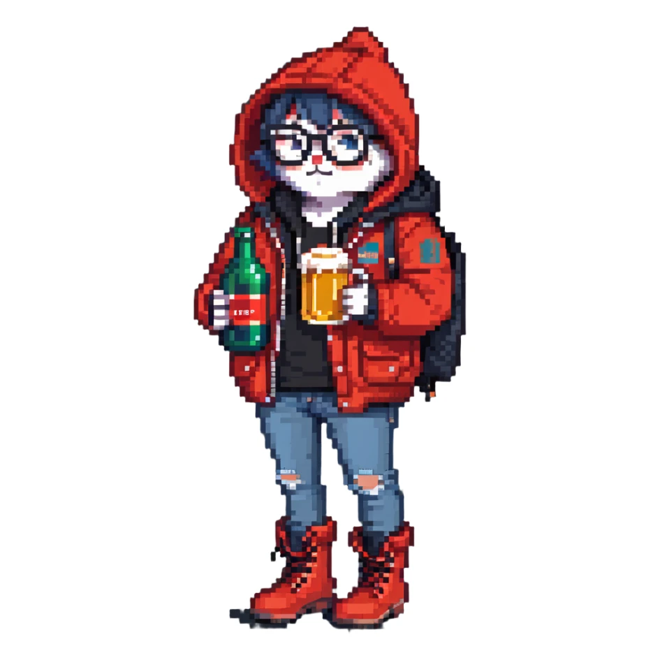 Catfish wearing red hooded winter jacket, round glasses, blue jeans, red boots, holding beer can with red label sticker
