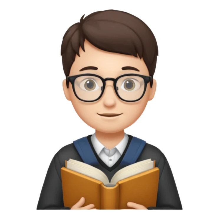 A student wearing glasses, hold book in front of their chest sticker