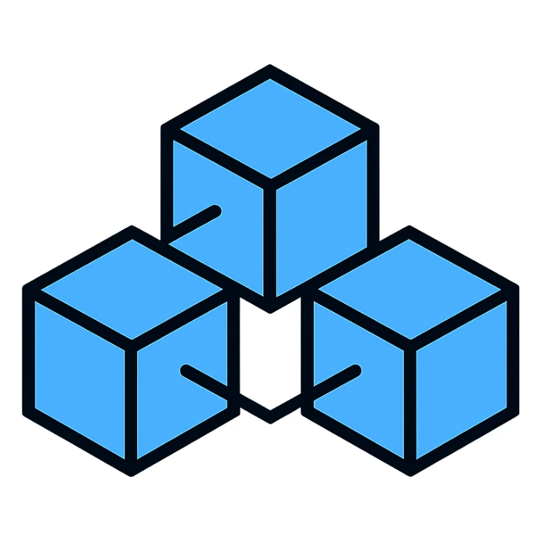 minimal geometric interlocking blocks blockchain icon tech blue color palette sticker