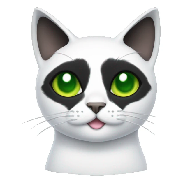 Black cat with a black face, a white stripe down his nose, green eyes, cuts in his ears, and a white chest v shape. Thee should be a small patch of white under the noise, above the lip sticker