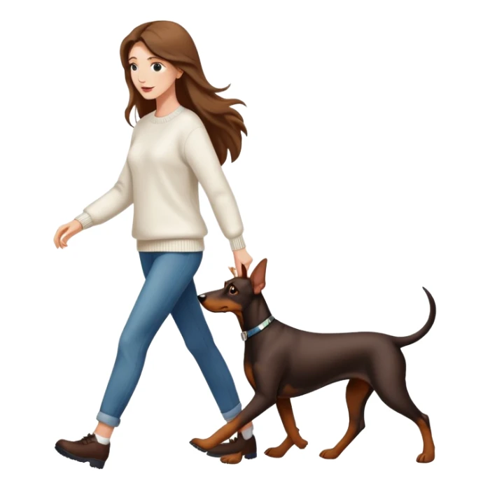 A beautiful long-haired white woman wearing a white sweater walking a Doberman sticker