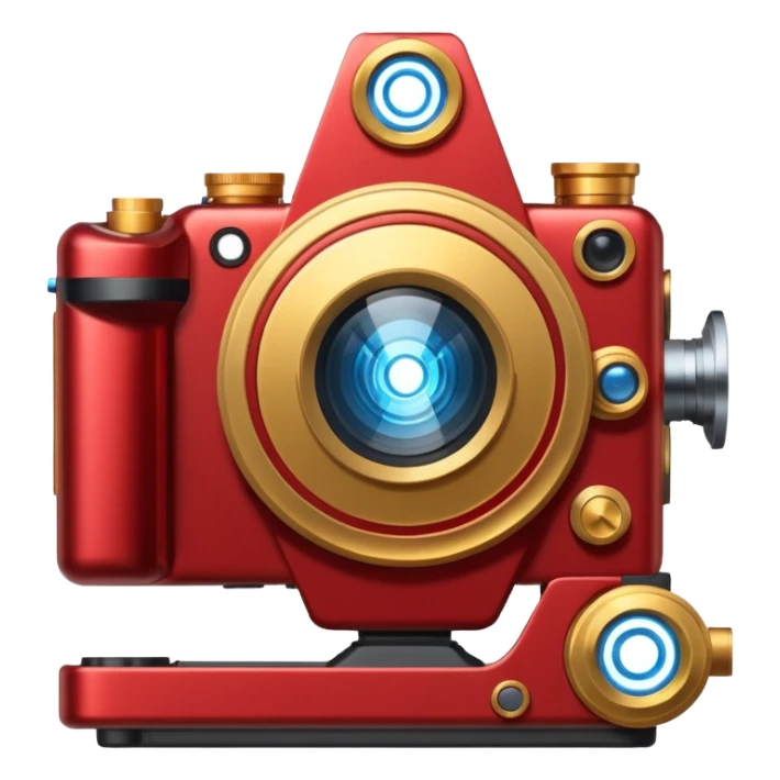 🎬🤖 Create a video project icon inspired by Iron Man: a sleek film camera with metallic red and gold accents, glowing with blue arc reactor energy. sticker