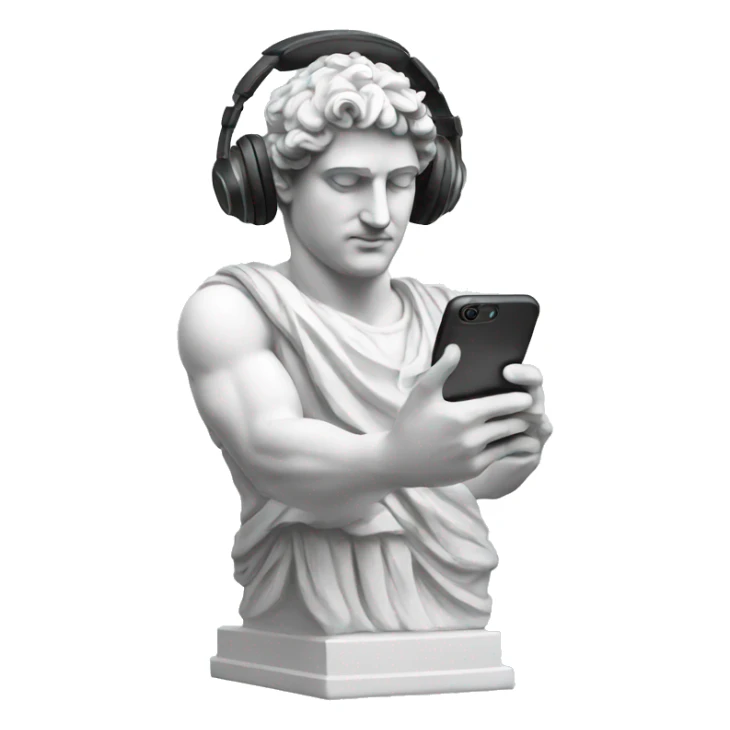 greek men statue holding smart phone and wearing headphones sticker