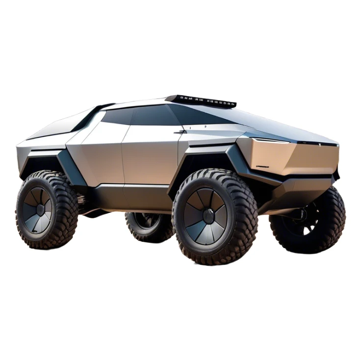 Tesla Cybertruck - A futuristic Tesla Cybertruck, angular and geometric with a sharp, triangular body shape. Stainless steel exoskeleton with a raw, unpainted, brushed-metal finish. A sleek, narrow LED light bar stretches across the entire front. Large, rugged off-road tires with exposed wheel arches. Smooth, handle-free doors and a slanted, armored rear with a retractable tonneau cover. Rear LED strip mirroring the front. The vehicle looks like a sci-fi-inspired, bulletproof stealth tank on wheels, set in a high-tech urban environment at sunset, with reflections on its metallic surface. sticker