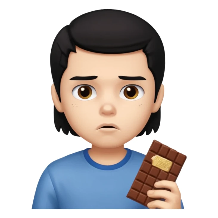a PRETTY BRATZ boy with black hair eating chocolate and looking sad sticker