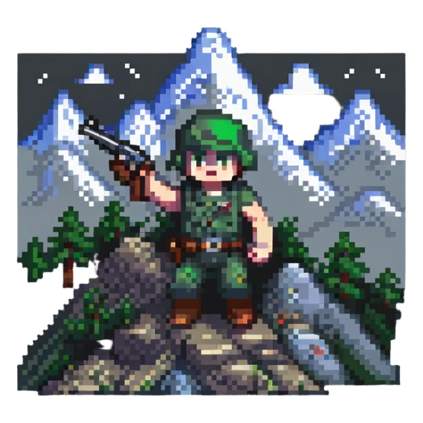Small pixelated character with a gun shooting at a mountain with enemies sticker