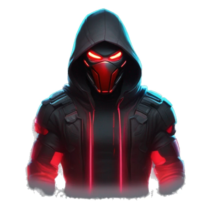developer behind his laptop with this style : crysis Cyberpunk Riot Games Valorant neon glowing bright red character red dark black hooded assassin themed character sticker