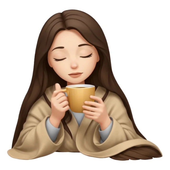 Brunette girl long hair inside a beige blanket sipping coffee eyes closed sticker