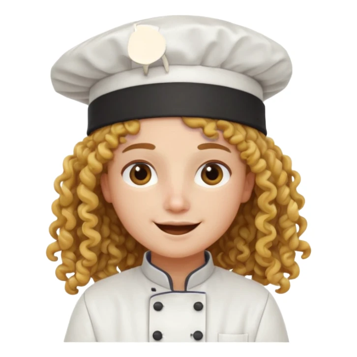 Long curly hair, happy, wearing chef uniform and chef hat sticker