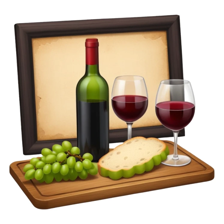 Make me some wine with bread and grapes, Do it on a board, so it looks elegant sticker