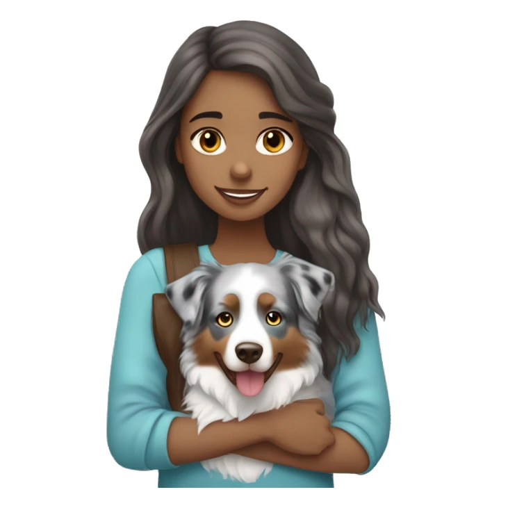 Girl with long brown hair holding blue merle Australian shepherd  sticker