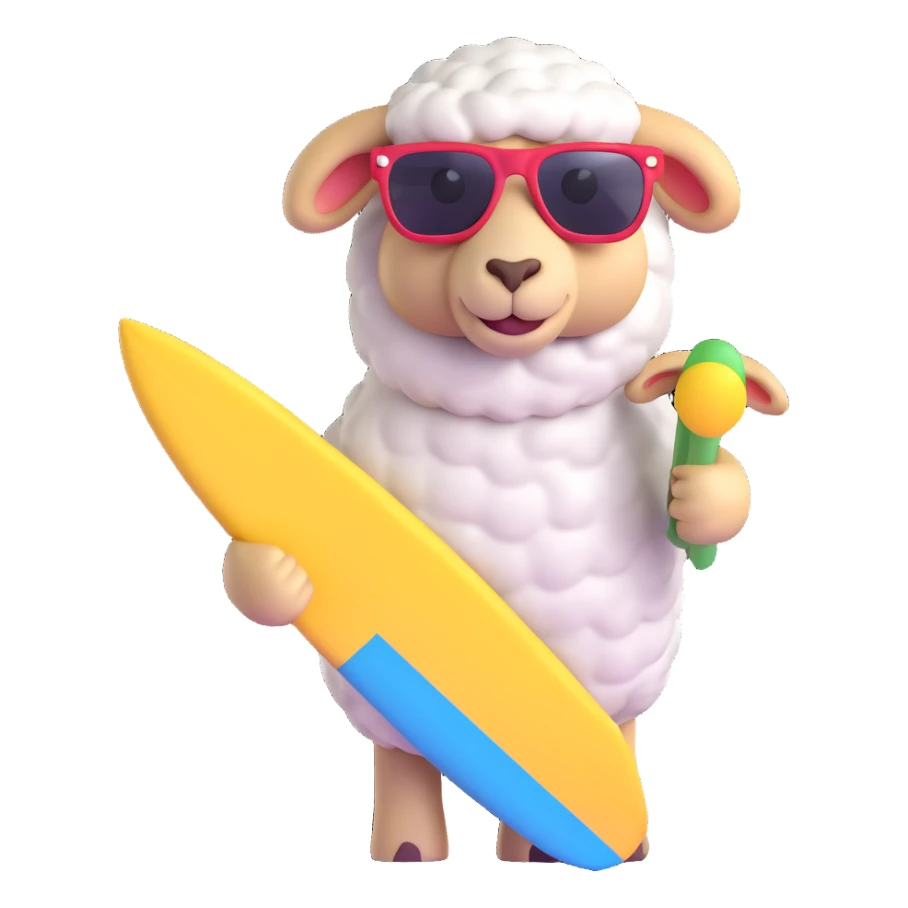 Add cool sunglasses to the sheep while keeping the surfboard and 3D emoji style the same. Remove the background. sticker