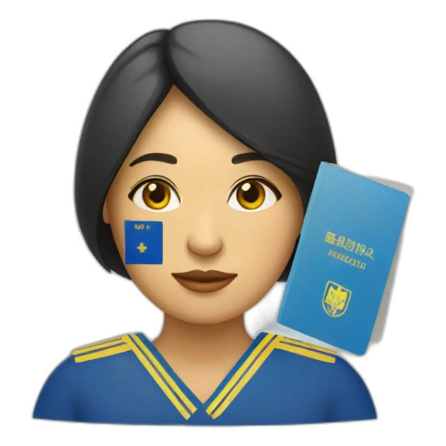 vietnamese woman with ukranian flag colors on face holding passport sticker