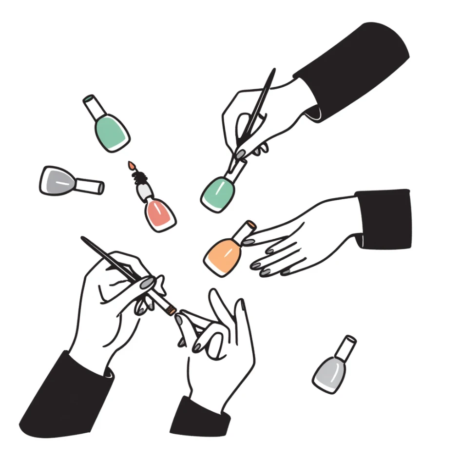 manicure scene with hands, painted nails, and nail polish bottles in pastel colors dd9fb0, ffc6d3, a3bfc9, c4bee2, f1b091, hand-drawn doodle style sticker