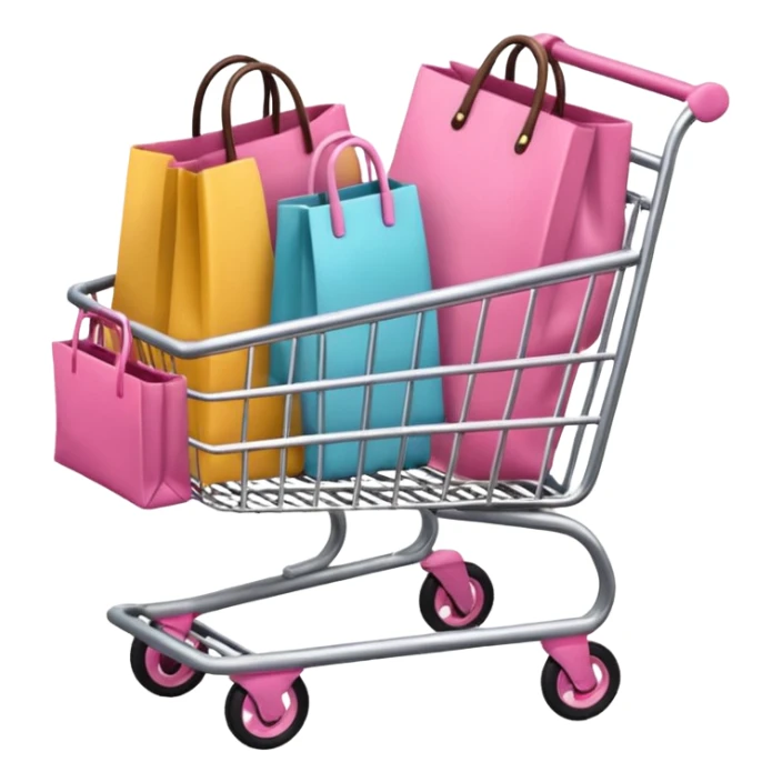 Carrinho na cor rosa cheio de compras femininas, com diversas maquiagens, roupas  sticker
