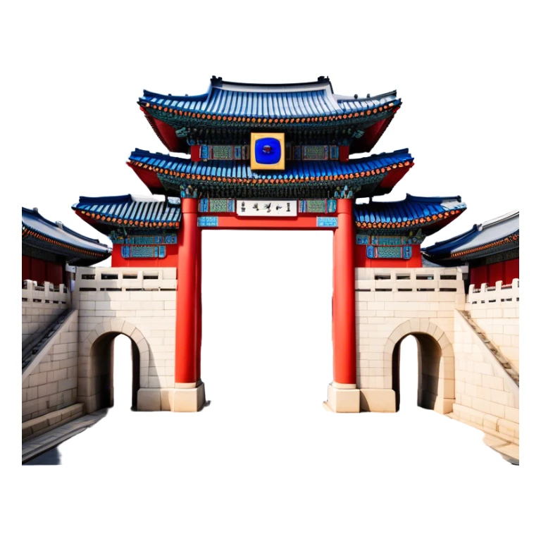​Cinematic Realistic Gwanghwamun Gate, depicted as a majestic historic gateway with traditional Korean architectural details, vibrant red and blue accents, and intricate carvings, set against a backdrop of modern Seoul under dynamic, natural lighting that highlights its timeless grandeur, sticker