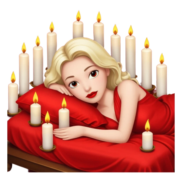 Low bed, red sheets, candles everywhere, woman reclining in shadowed control sticker