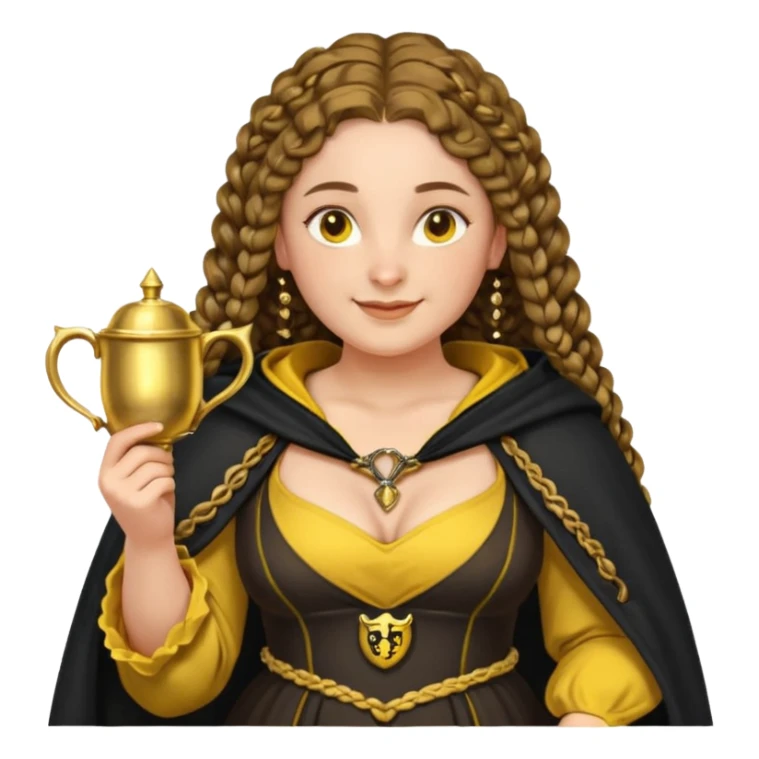 Helga Hufflepuff, 2 curly thick brown braids, yellow-black medieval dress, black cloak decorated with gold braiding, tiny two-handled shiny yellow-gold cup, very kind smile, curvy busty sweet woman, thick rosy cheeks sticker