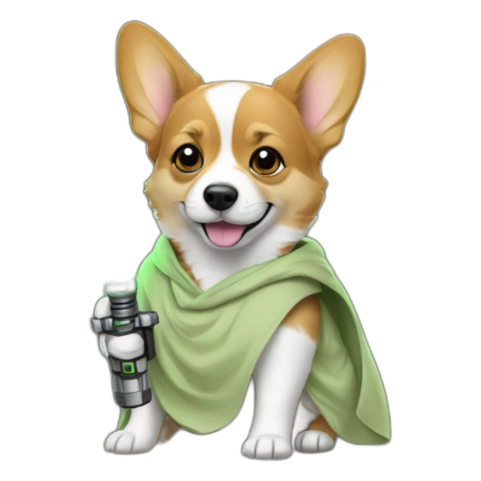 Corgi dress as yoda with one light saber green sticker