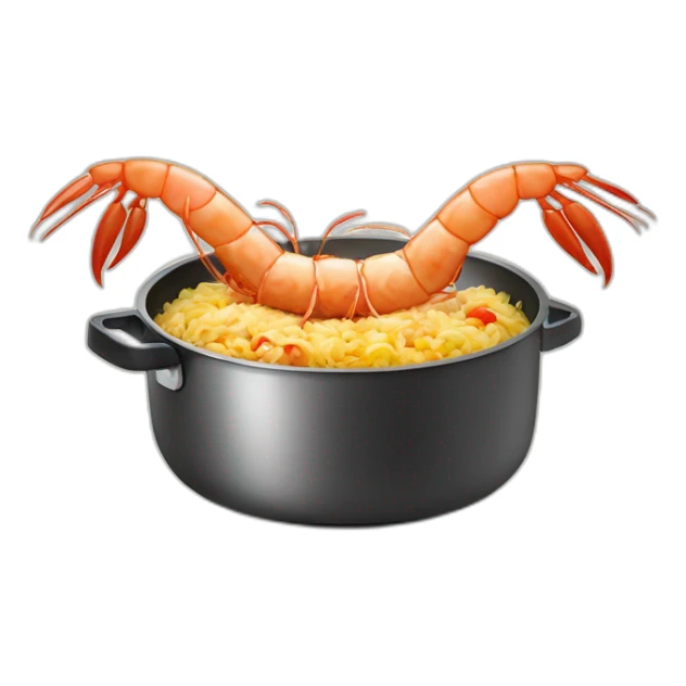 one tall shrimp dressed as a cook in an apron cooking fried rice in a skillet on a stovetop sticker