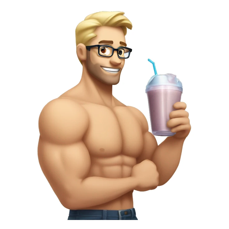 caucasian white muscled guy drinking a protein shake, half body shirtless, wear glasses sticker