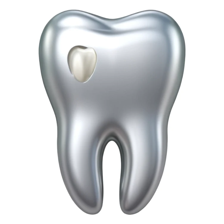 human tooth emoji, smooth chrome ceramic-metal texture, clean medical luxury aesthetic, isolated on white, no face sticker
