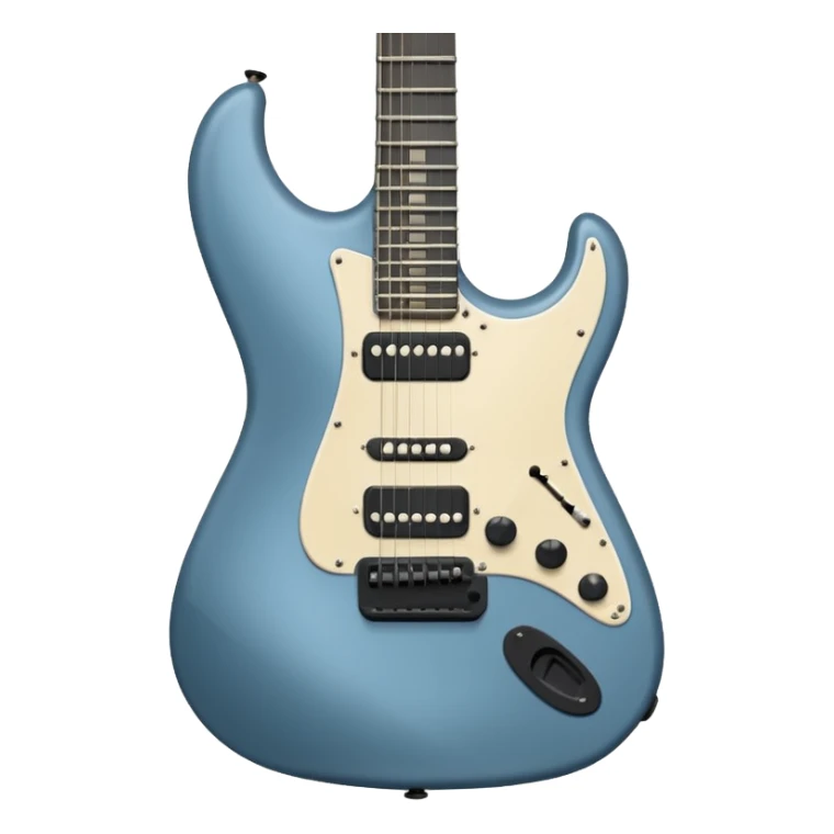 A gray-blue electric guitar with a black pick guard sticker