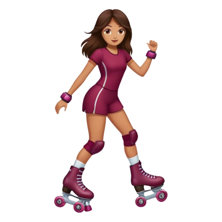 brunette long hair, tan skin, burgundy rollerskate sticker