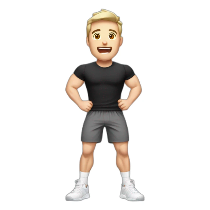 amazed Open with surprise mouth Pale skinned Fit Man With the biceps and dark brown hair in black shirt, gray sports shorts and white Sneakers sticker