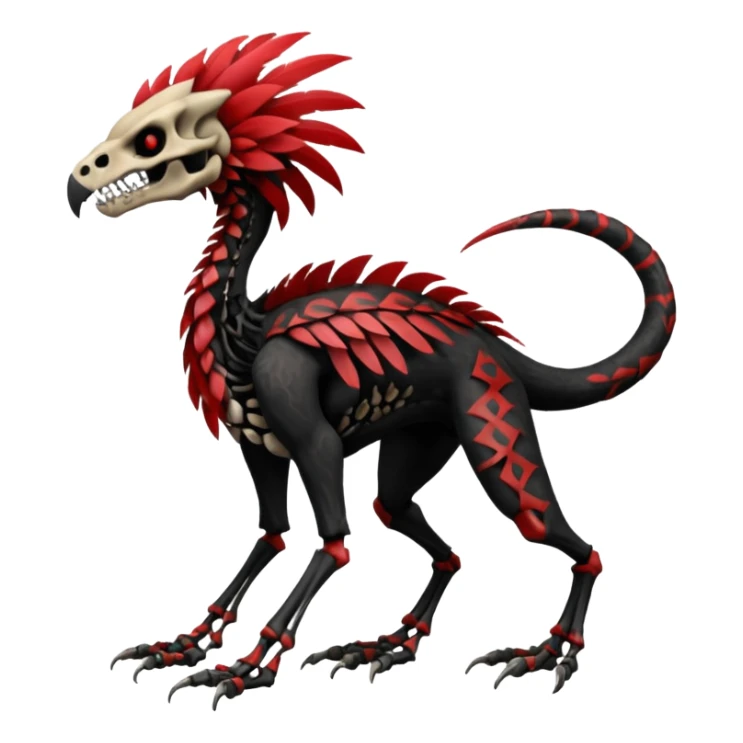Rare realistic dark edgy evil tribal patterned red-feathered skeletal badass epic handsome gorgeous aesthetic black-skulled Vernid-Trico-Sergal-species-Fakemon-creature by LiLaiRa, 4 legs, 1 tail, random markings, (full body) sticker