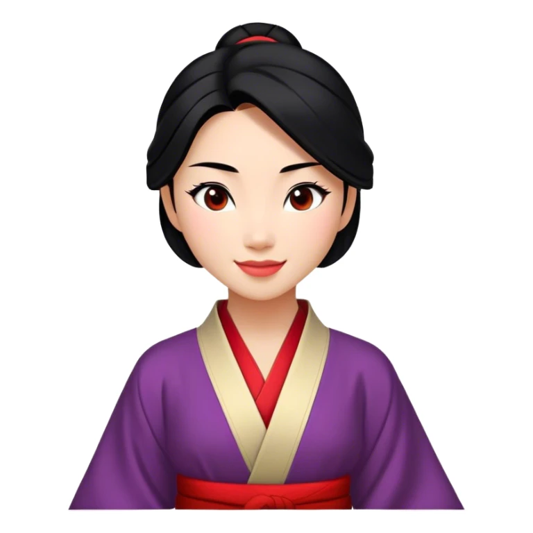 Cinematic Realistic Radiant Mulan Portrait, presenting Mulan with a warm, confident smile and lifelike light-toned skin that appears almost luminous under natural daylight. Her sleek black hair is rendered in meticulous detail, and her traditional robe—accented with understated red highlights—is depicted with realistic fabric textures and folds. The overall image exudes a gentle, inviting glow, high shine, and refined detail that captures her poised elegance and inner resilience in a painterly, authentic style. sticker