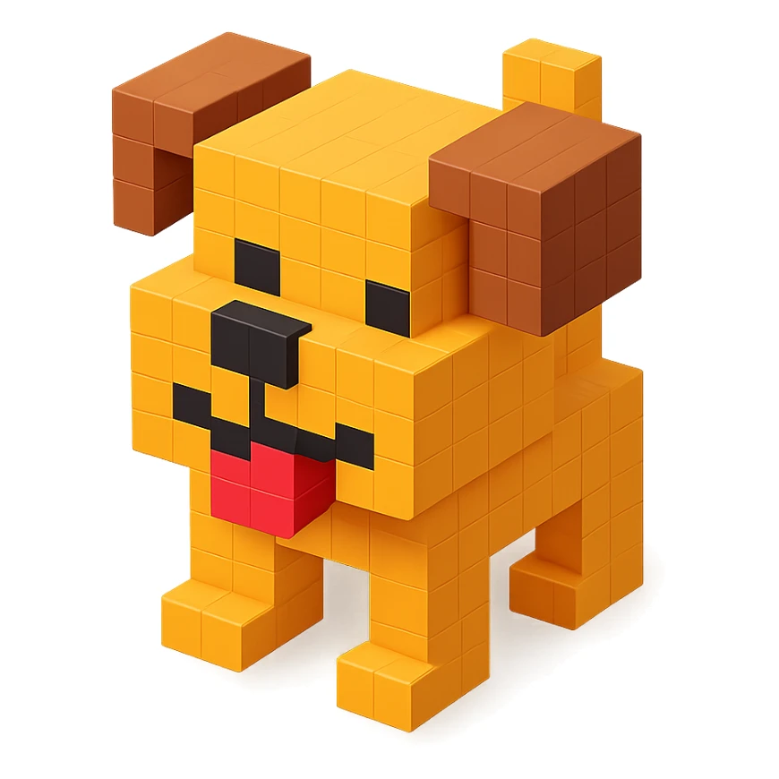 <SystemPrompt>
                <Style>
                  <Name>Voxel Emoji Art</Name>
                  <Description>A playful, isometric voxel style that mimics pixel art in 3D, commonly used for emojis, UI icons, and symbols. Rendered with bright, vibrant colors and no shadows.</Description>
                  <VisualRules>
                    <Geometry>
                      <BaseUnit>Cube</BaseUnit>
                      <GridAlignment>Isometric</GridAlignment>
                      <VoxelSize>Consistent</VoxelSize>
                    </Geometry>
                    <Color>
                      <Palette>Vivid and High Saturation</Palette>
                      <Gradient>Allowed on faces for subtle lighting</Gradient>
                    </Color>
                    <Lighting>
                      <Style>Soft studio lighting</Style>
                      <Shadows>Subtle ambient shadows</Shadows>
                    </Lighting>
                    <Detailing>
                      <Outline>None</Outline>
                      <Texture>Flat color (no texture noise)</Texture>
                      <Effects>None</Effects>
                    </Detailing>
                  </VisualRules>
                </Style>
                <Generation>
                  <PromptTemplate>
                    <![CDATA[
                      Render a voxel-style 3D illustration of a {subject}, using bright colors and blocky pixelated geometry. The object should appear playful and clean, similar to emoji aesthetics, with no shadows and no outlines. Lighting should enhance the 3D depth without harsh contrast.
                    ]]>
                  </PromptTemplate>
                </Generation>
              </SystemPrompt>
              {subject} = dog sticker
