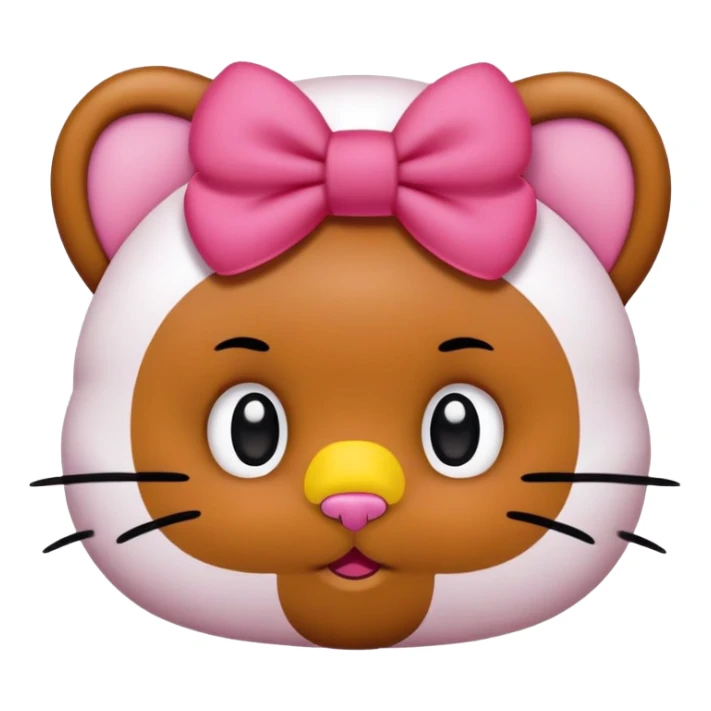 Brown skinned hello kitty face, black oval eyes, yellow circular nose, round face with no mouth, replace her red bow with a pink hibiscus flower  sticker