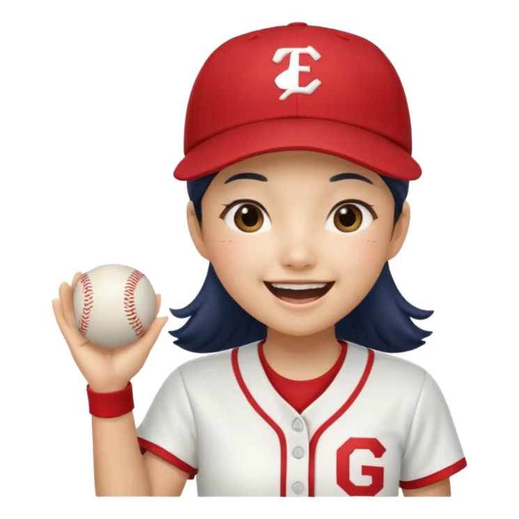 a korean girl cheering her favorite baseball team, wearing the team uniform, baseball cap, and holding baseball sticker