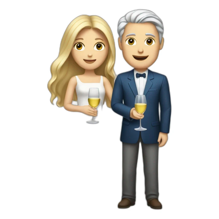 A white woman, she has brown eyes and blond medium long hair. A white man, he has blue eyes and grey hair. They toast to each other with a glass of white wine. sticker