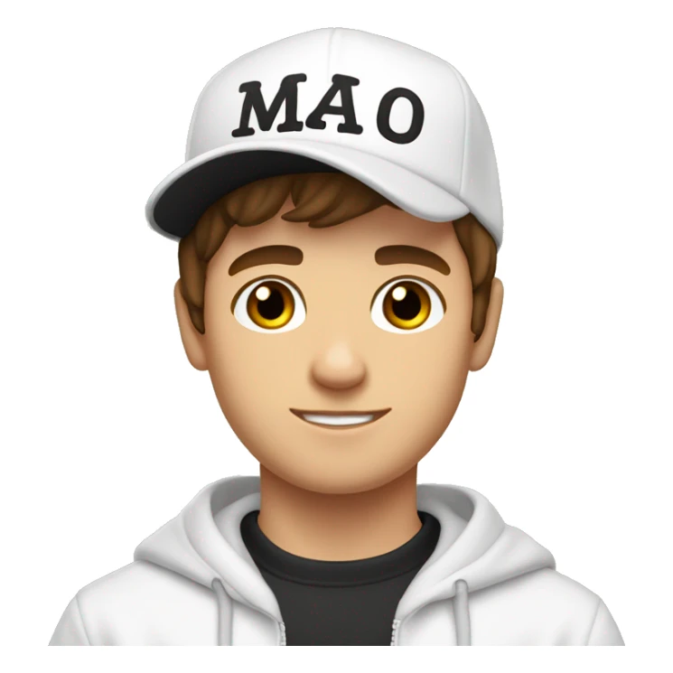 A young guy, brown hair, white sweatshirt, black cap with the inscription malo, shows his hand Cool sticker