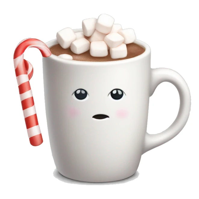 a white mug with hot cocoa that has marshmallows and a candy cane sticker