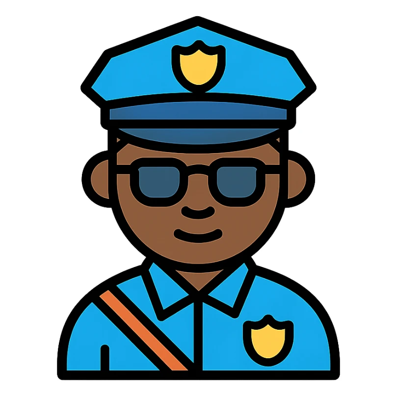 black policeman with sunglasses, no hat, color outline icon style sticker