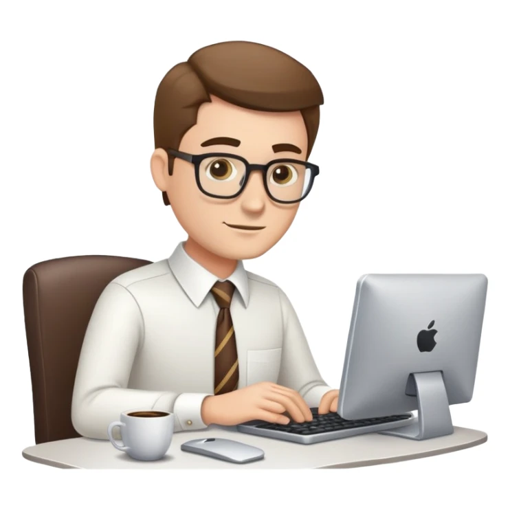 white journalist man in shirt and tie, typing on a computer, coffee cup nearby sticker