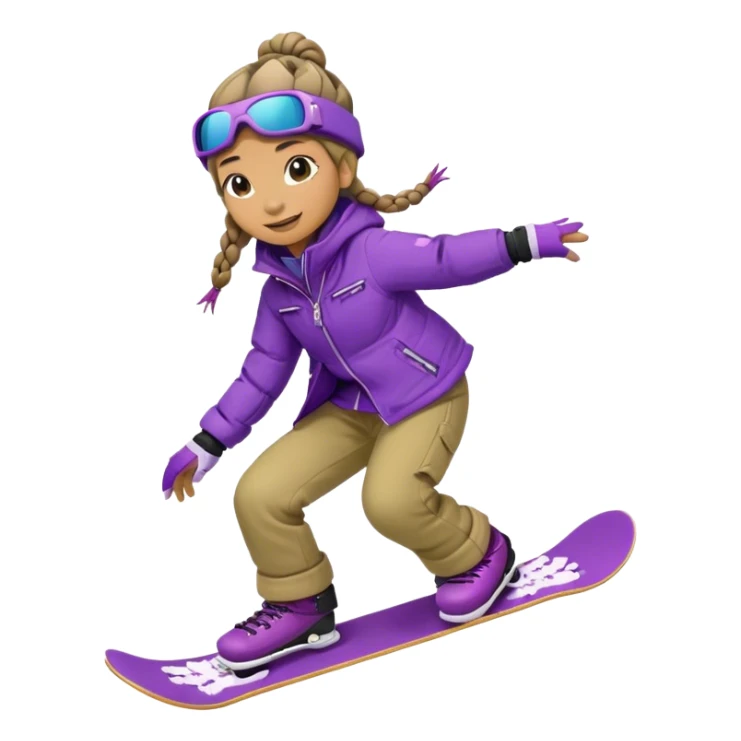 Girl crocodile with two hair braids riding a snowboard with a purple jacket sticker