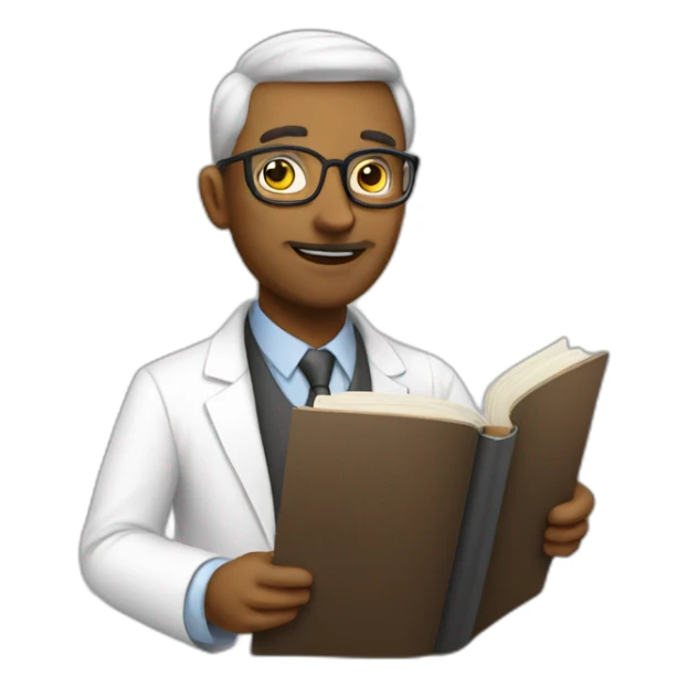 White professor with a board and a book sticker