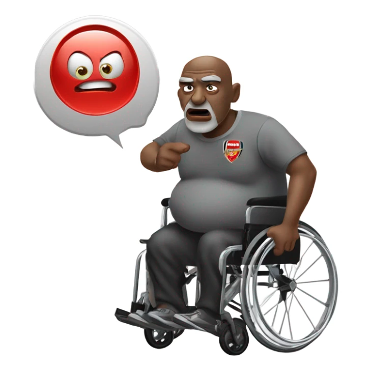 old black bald man with a protruding round pot belly in wheelchair. angry face. grey stubble. he is pointing finger in front. arsenal soccer shirt. mouth word bubble sticker
