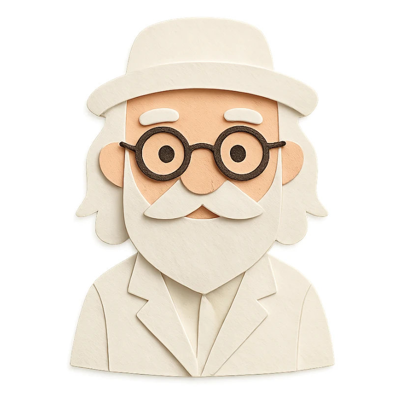 old man with a white hat, slightly long white beard, white moustache, round glasses, white suit, white longish hair, paper craft style sticker