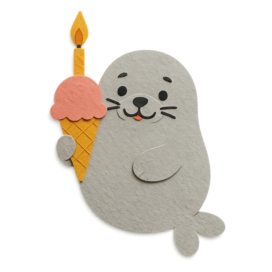 chubby seal holding ice cream cone with candle, paper-craft style sticker