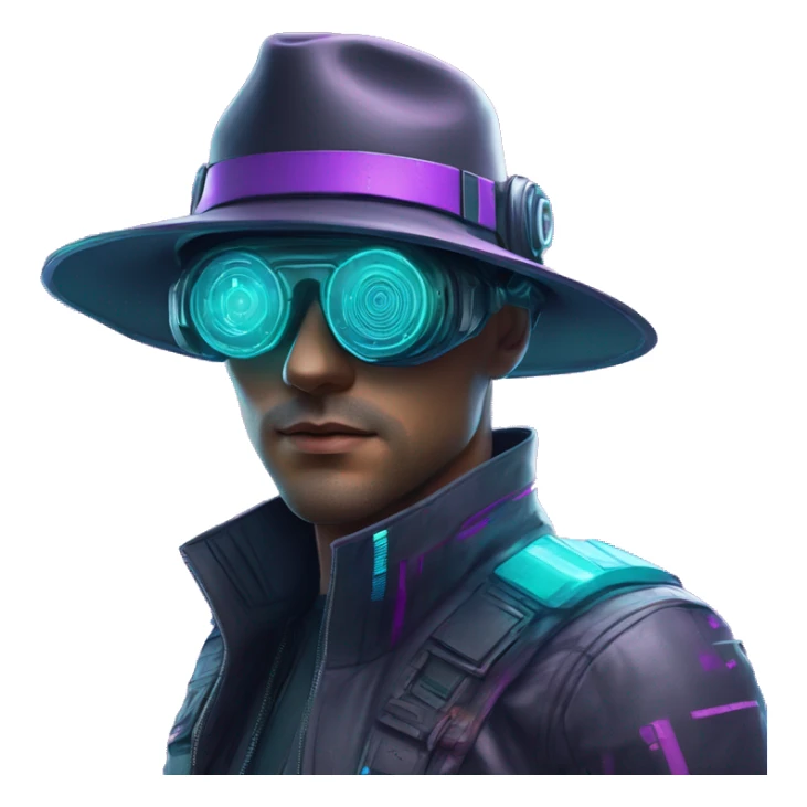Secret human agent in a hat with  cyberpunk elements in VR googles scanning looking reviewing multicolor lines of code, cyan and purple colors, only upper body portrait sticker