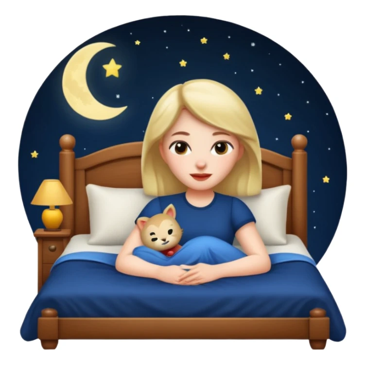 woman resting on a bed under moonlight, apple memoji style sticker
