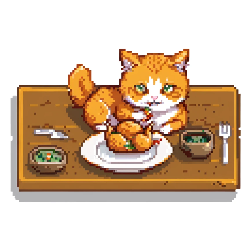 orange cat with orange eyes eating a chicken thigh from a plate, pixel art style sticker